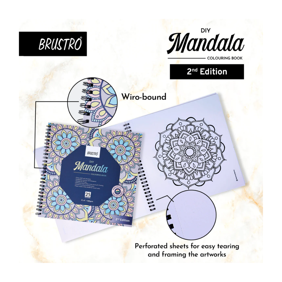 Brustro DIY Mandala Colouring Book–2nd Edition| 25 Designs,160 GSM Paper,9x9 inch,Tear-Out Sheets
