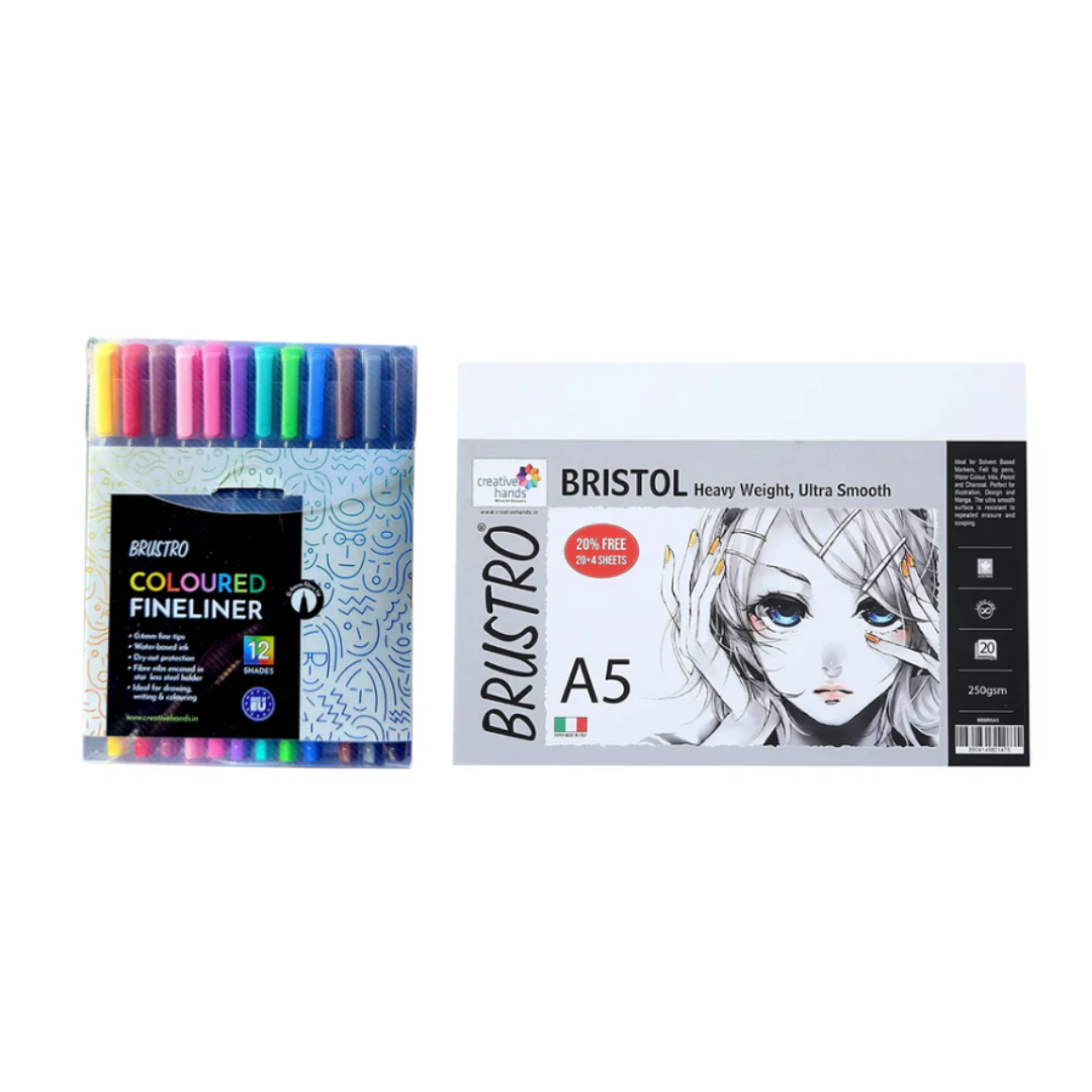 Brustro Coloured Fineliner Set of 12 with free Brustro Bristol Ultra Smooth Paper A5 Pack