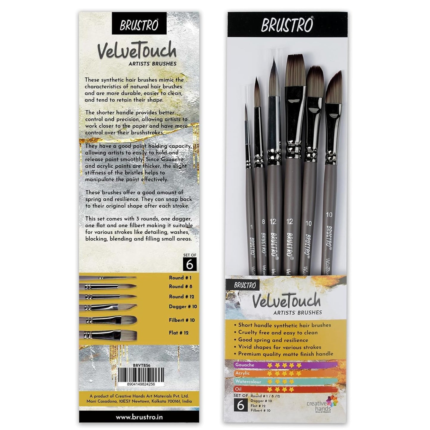 BRUSTRO VelveTouch Artist Brushes | Set of 6 | Gouache, Acrylics, Watercolor, and Oil Painting