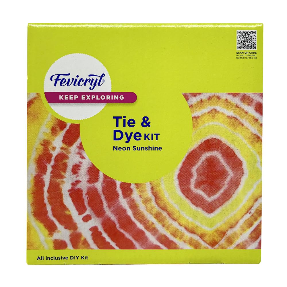 Fevicryl Tie & Dye Neon Kit | Complete DIY Fabric Colour Kit with 2 x 15 ml Neon Acrylic Colors, 21 x 21 Inches Fabric, Squeezer & More