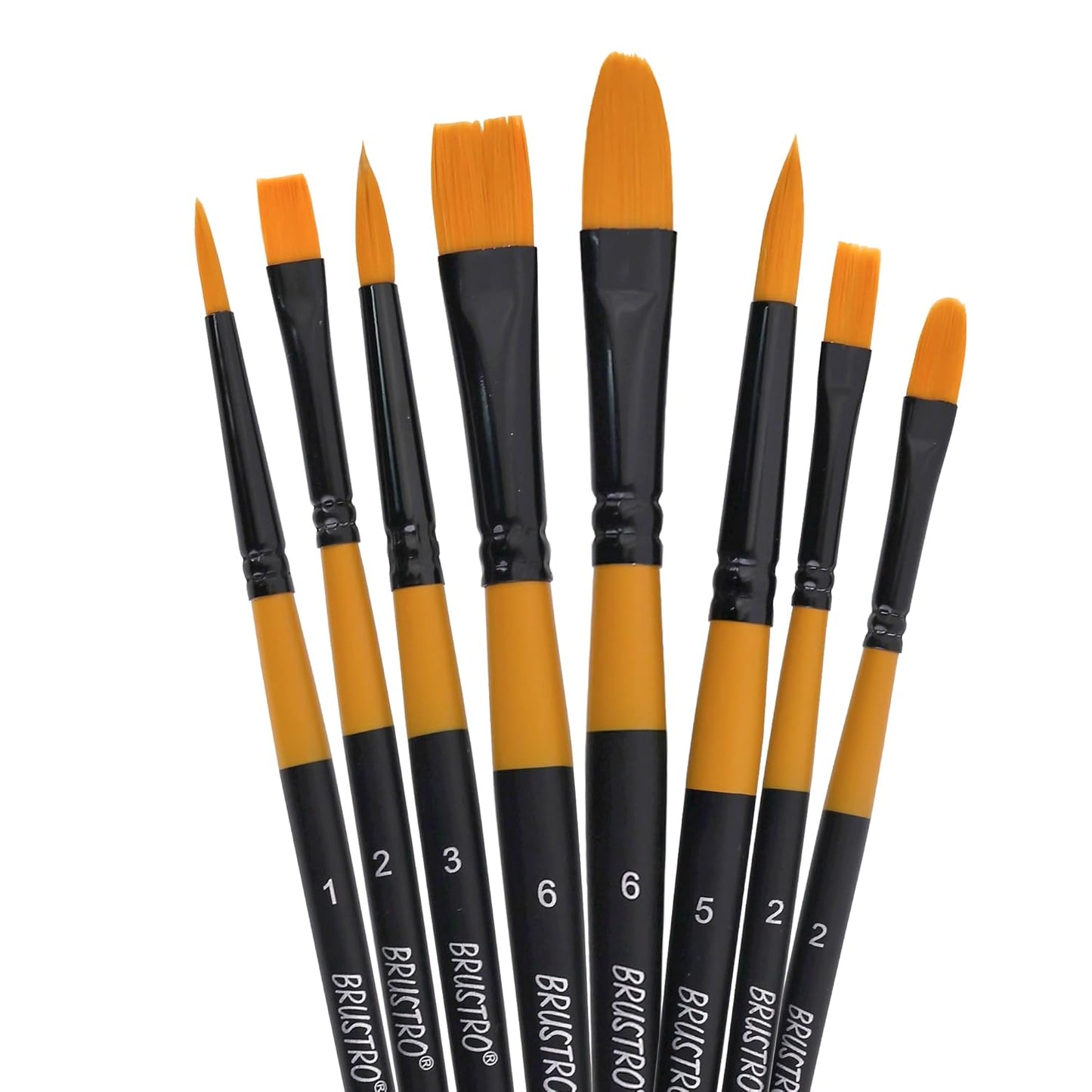 Brustro Artists Gold Taklon Set of 8 Brushes for Acrylics, Oil and Watercolour - Short Handle - Stationery Plug