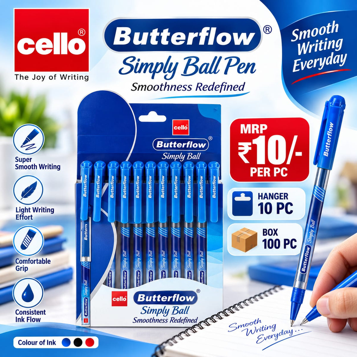 Cello Butterflow Simply Ball Pen Mrp-10pc ( Per Pack MRP -100 ) Wholsale Pack