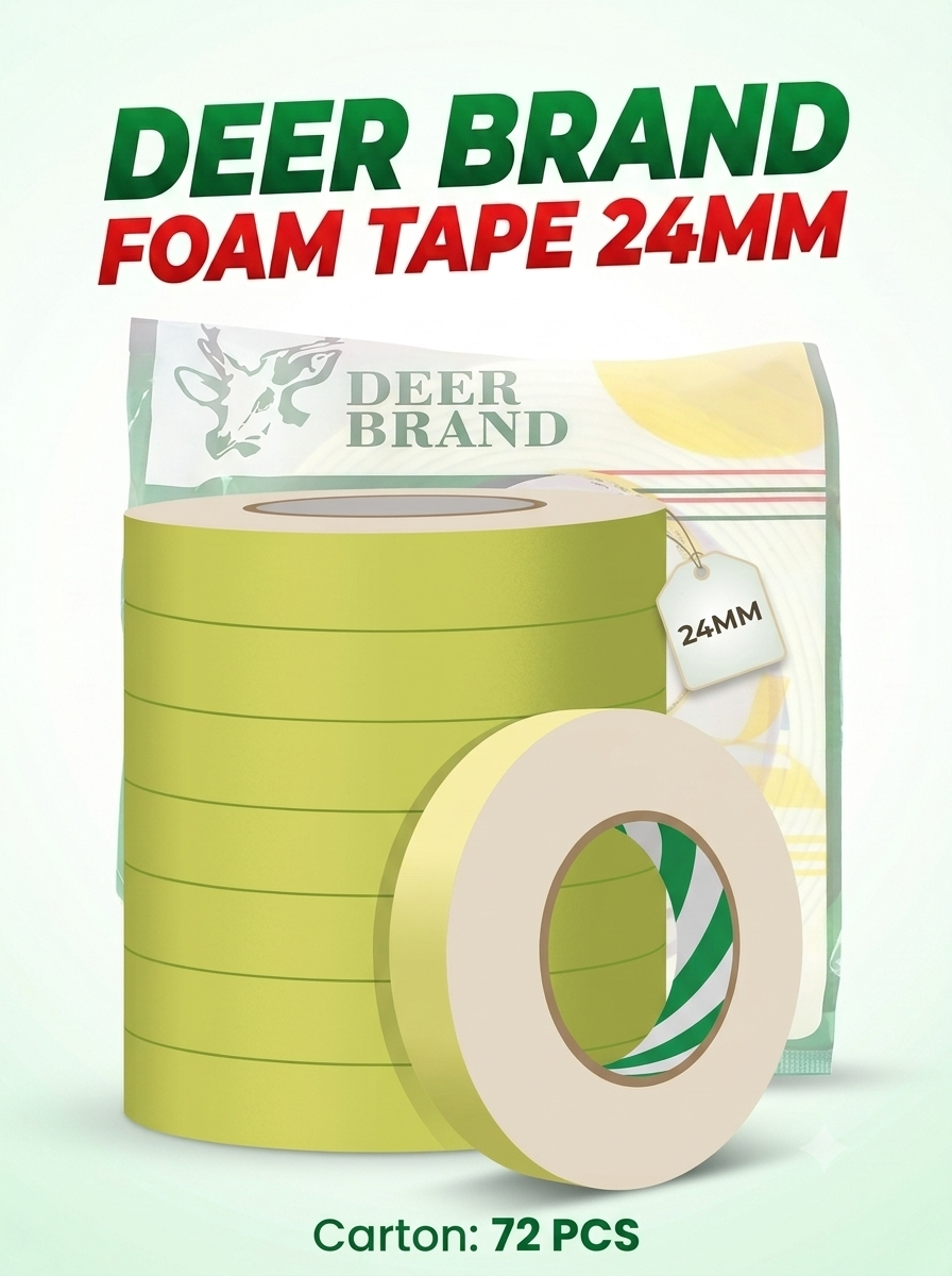 DEER DOUBLE SIDED FOAM TAPE SIZE 24MM LENGTH 3 METER, TUBE PACKING -12PCS PACK , MRP-50/- PER PC ( PACK MRP - 600 )
