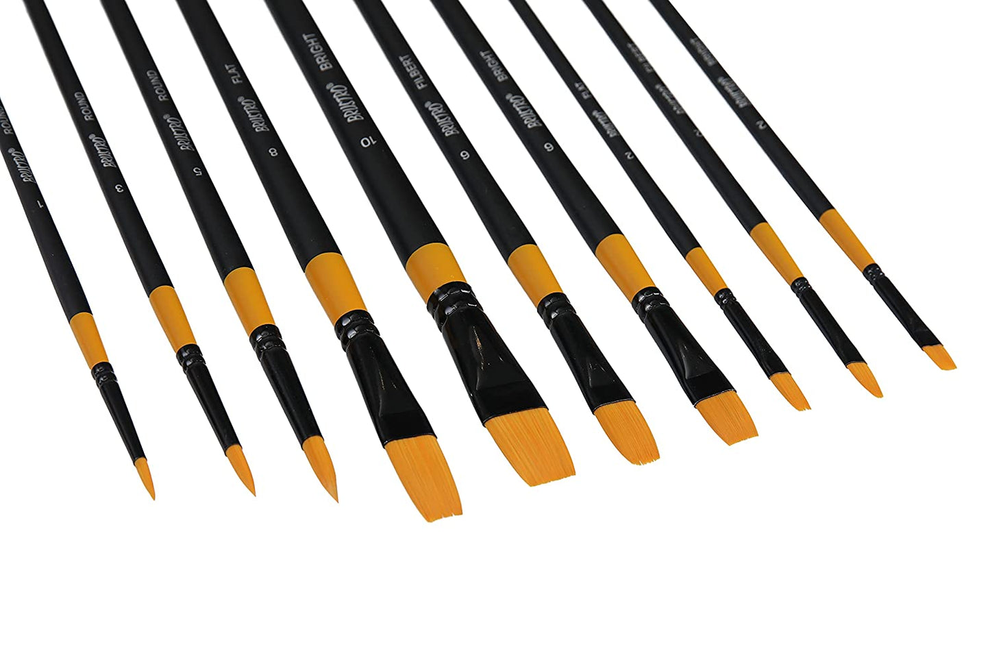 Brustro Artists Gold Taklon Set of 10 Brushes for Acrylics, Oil and Watercolour - Long Handle