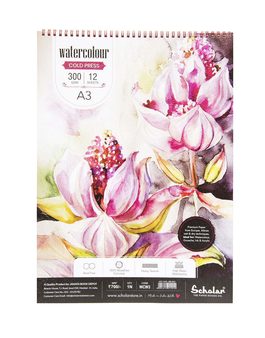 Scholar Watercolour Cold Pressed Paper Pad | 300 GSM Professional Watercolour Paper