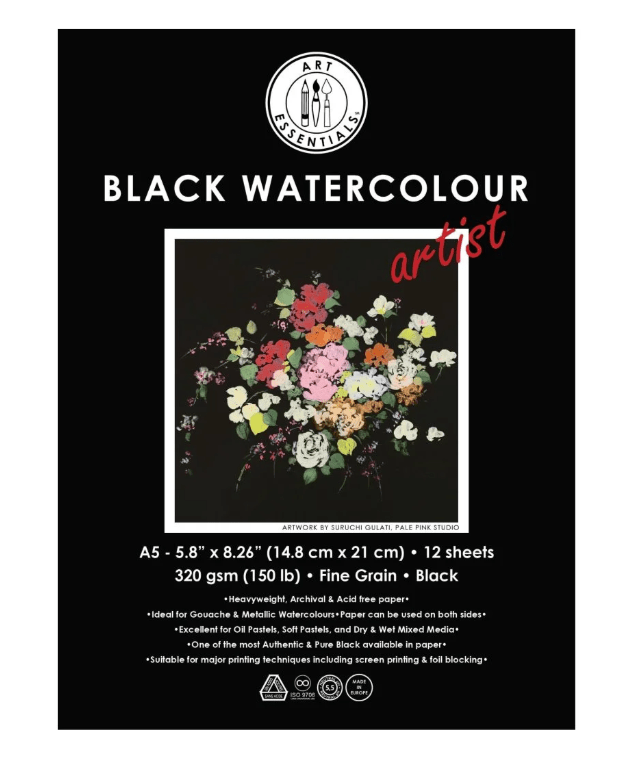 ART ESSENTIALS BLACK ARTIST WATERCOLOUR PAPER - FINE GRAIN 320 GSM - A5 - PAD OF 12 SHEETS - Stationery Plug