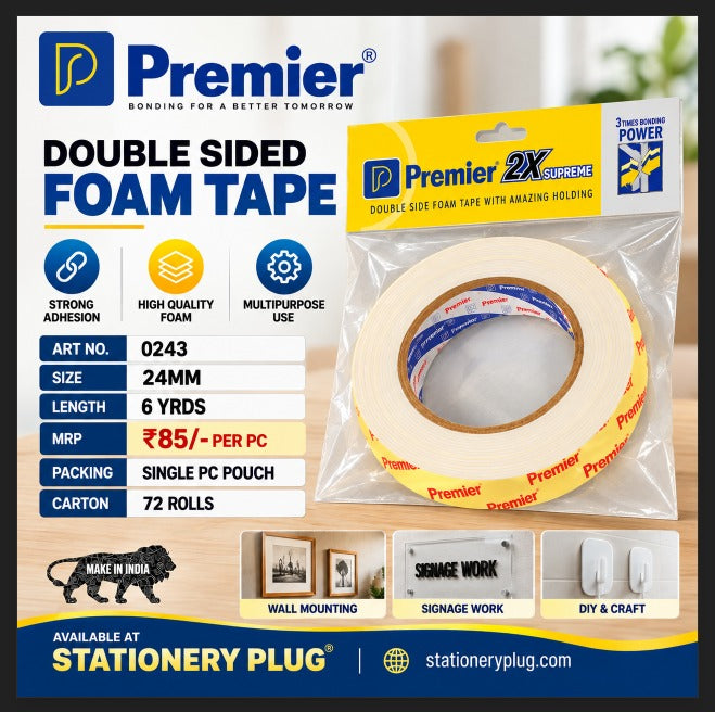 Premier Double Sides Foam Tape Roll  ,  Core Size 3 inch ,  24 mm Single pc Pouch,   MRP-85/- Per Pouch  [ ART NO-0243 ]