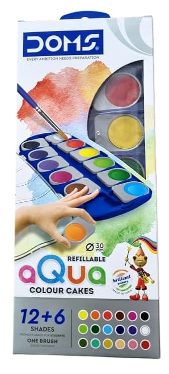 Doms Refillable 12+6 Shades Aqua Water Colour Cakes 30mm| Includes 1 Paintbrush