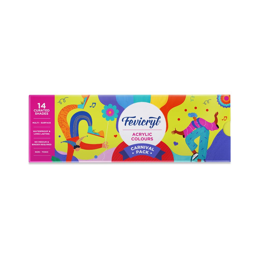 Fevicryl Carnival Kit, 10 ml x 14 Acrylic Colour in Primary, Pastel & Pearl Metallic Shades