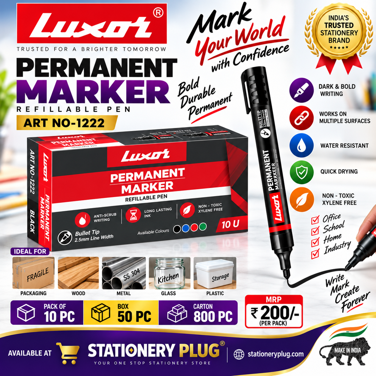 Luxor  permanent Marker [ Art No- 1222 ] Pack of 10pcs  MRP-200/- PER PACK