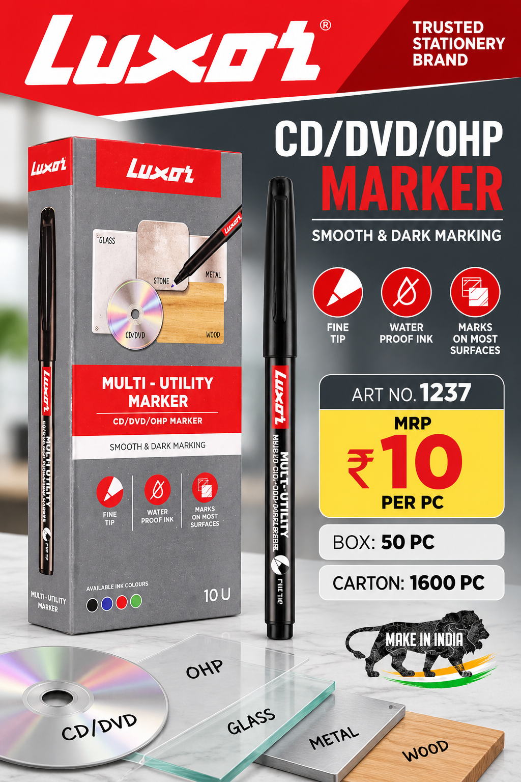 Luxor CD/DVD/OHP Marker  Art No-1237 MRP-10/- Per Pc   [ Box-50pc  whole sale pack ] Black /Blue / Red / Green