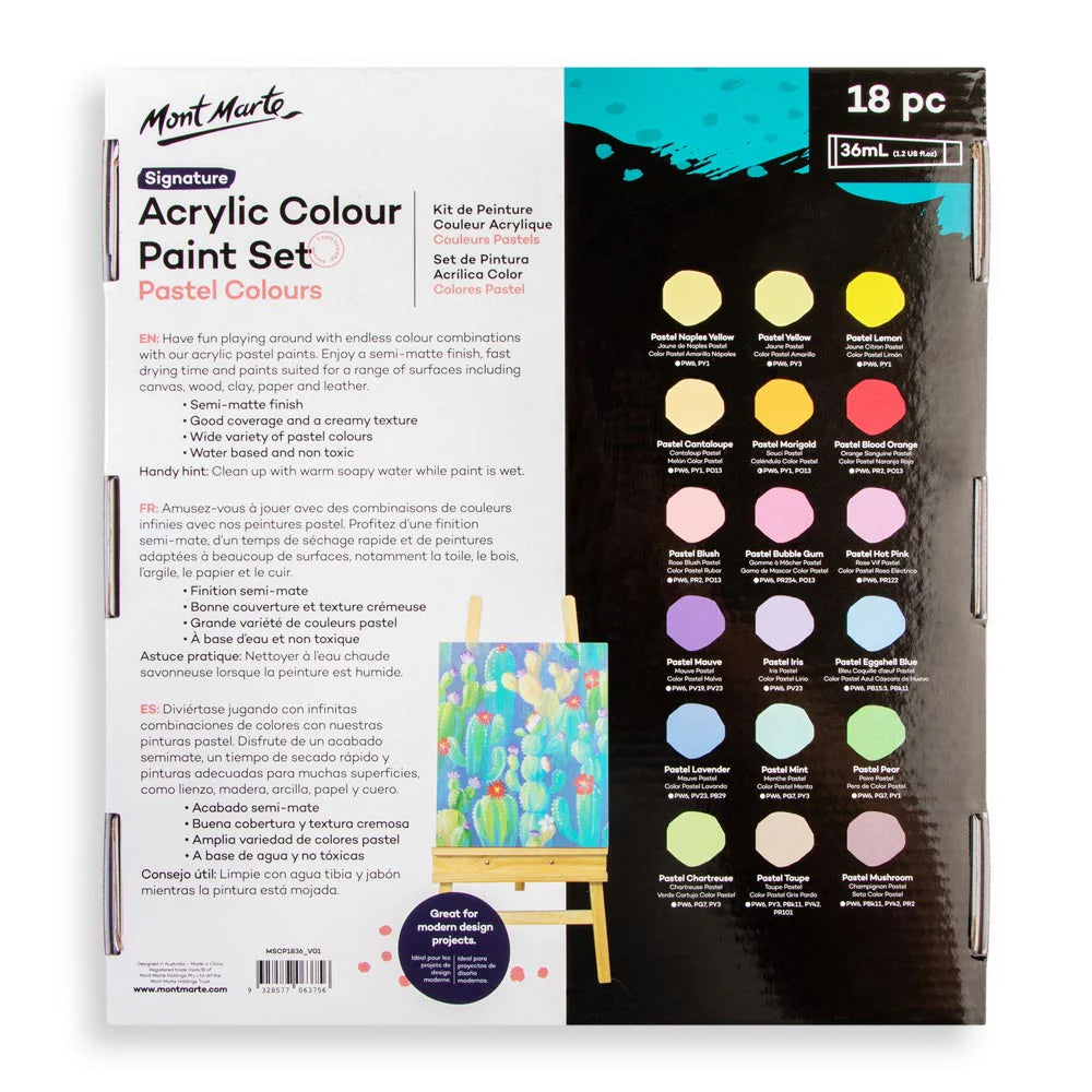 Mont Marte Acrylic Colour Pastel Paint Set Signature 18 shades X 36 ml tubes
