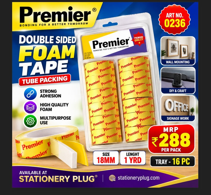 Premier Double sided Foam Tape size -18mm Length-1 Yrd  Tube Pack  MRP-288/- Per Tray   { Whole -sale Carton -20Tray ] ART  NO- 0236