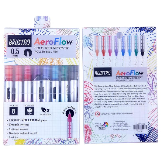 Brustro AeroFlow Coloured Micro - Tip Roller Ball Pen - Set of 8 - Stationery Plug