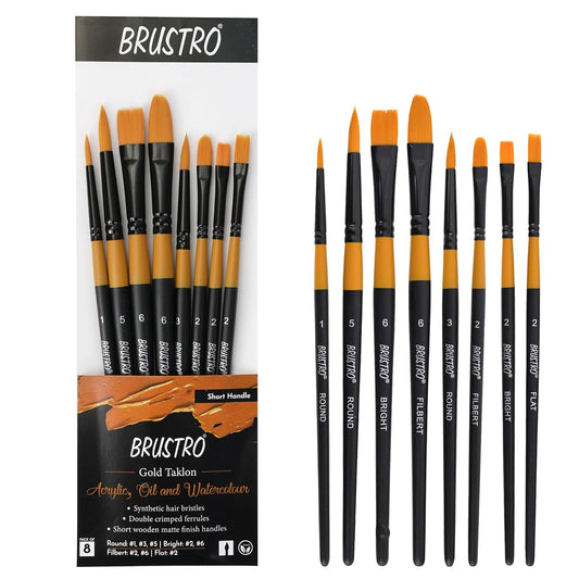 Brustro Artists Gold Taklon Set of 8 Brushes for Acrylics, Oil and Watercolour - Short Handle - Stationery Plug