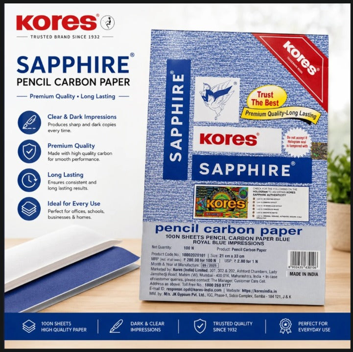Kores  sapphire pencil carbon paper  ( pkt-100 sheets )  MRP -280 Per pkt
