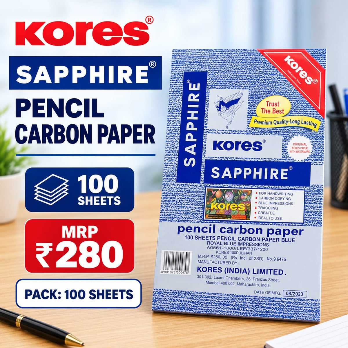 Kores  sapphire pencil carbon paper  ( pkt-100 sheets )  MRP -280 Per pkt