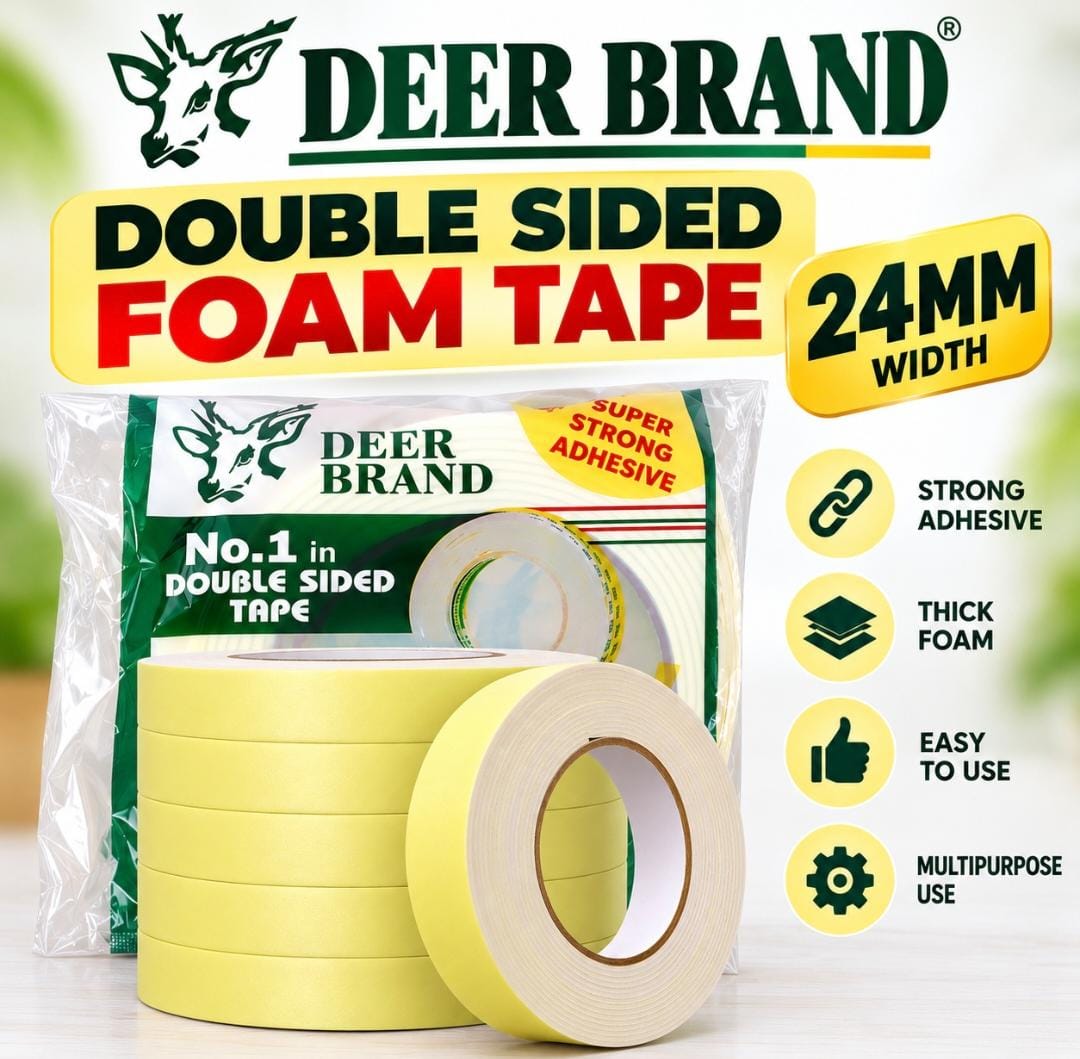 DEER DOUBLE SIDED FOAM TAPE SIZE 24MM LENGTH 3 METER,   TUBE PACKING   -12PCS PACK ,    MRP-50/- PER  PC     ( PACK MRP  - 600 )