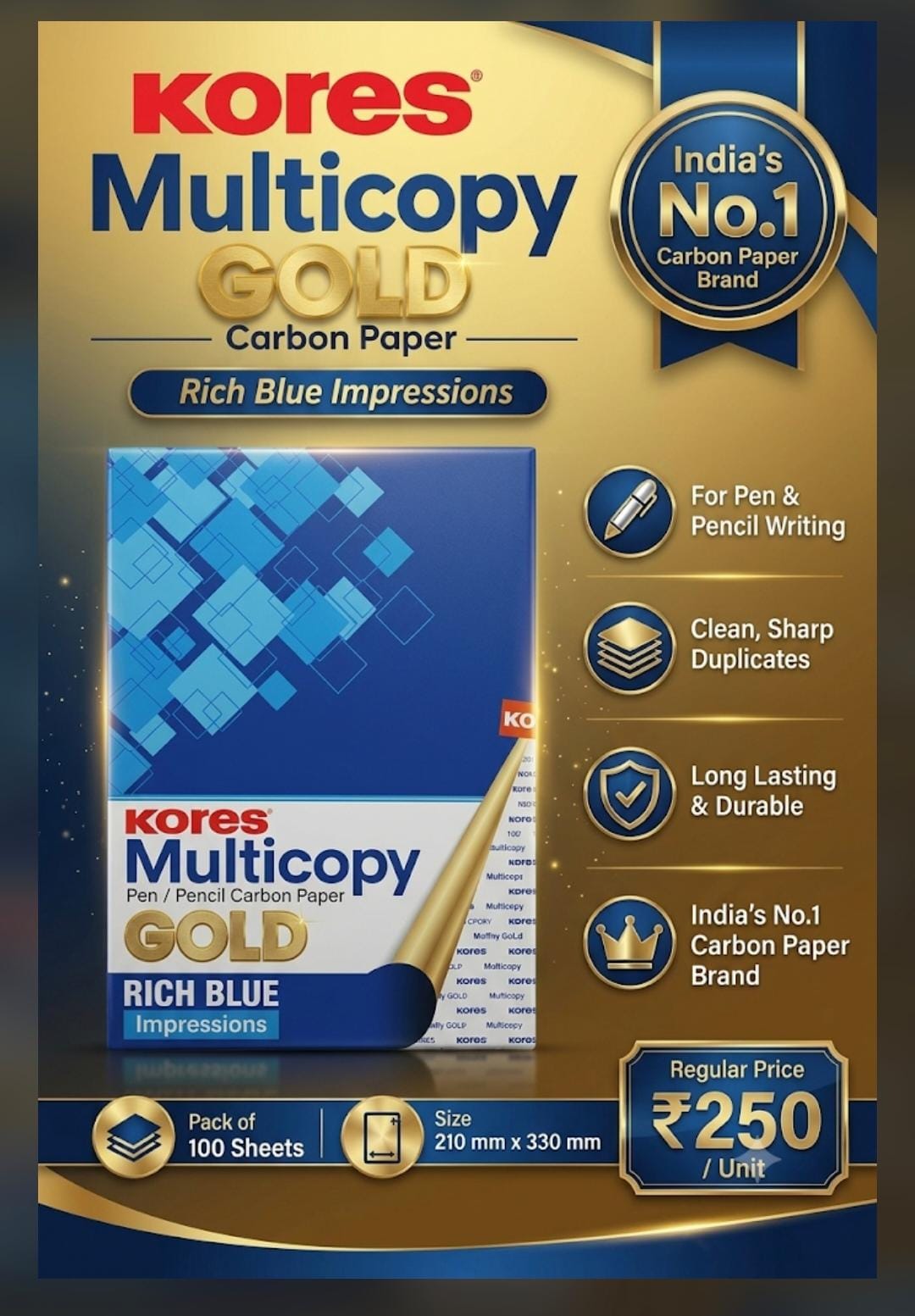 Kores Multicopy Carbon Paper  Pack of 100 Sheets [ Clean , Sharp ,  Duplicate ], india's No.1 Carbon Paper Brand,  ideal of office , School,  Forms & invoices