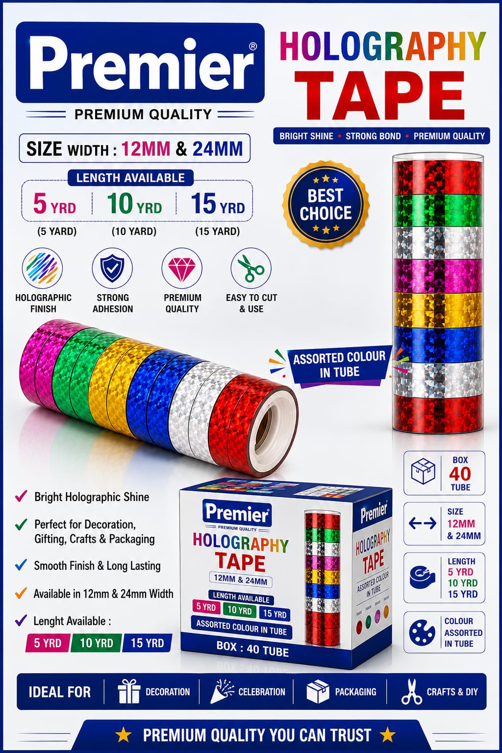 Premier Holographic Tape SIZE  12mm  Length 10Yrds  Tube Packing