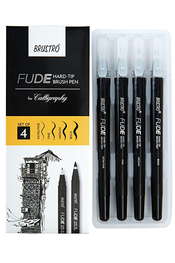 Brustro Fude Hard - Tip Brush Pens | Black | Pack of 4 - Stationery Plug